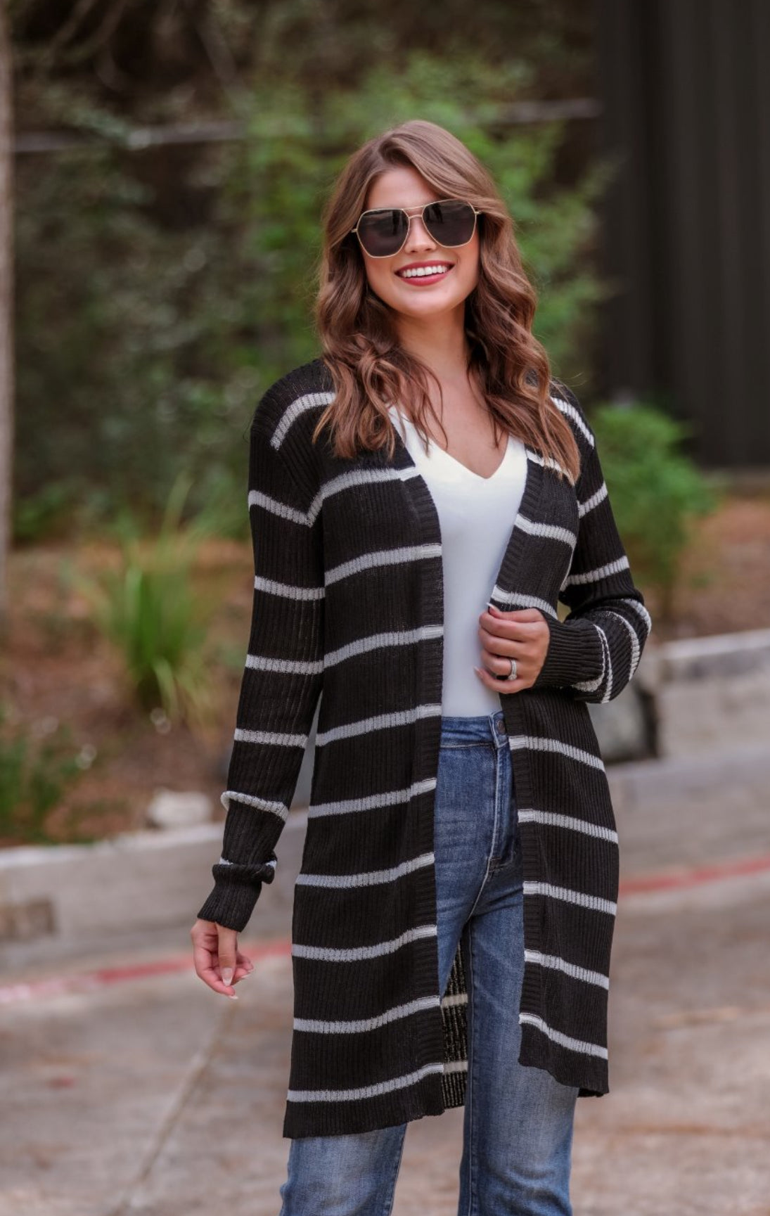 Amber Lightweight Striped Cardigan in Black