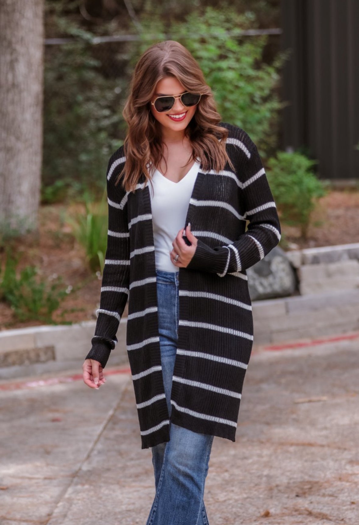 Amber Lightweight Striped Cardigan in Black