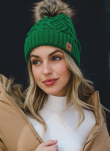 Green Cable Knit Pom Beanie