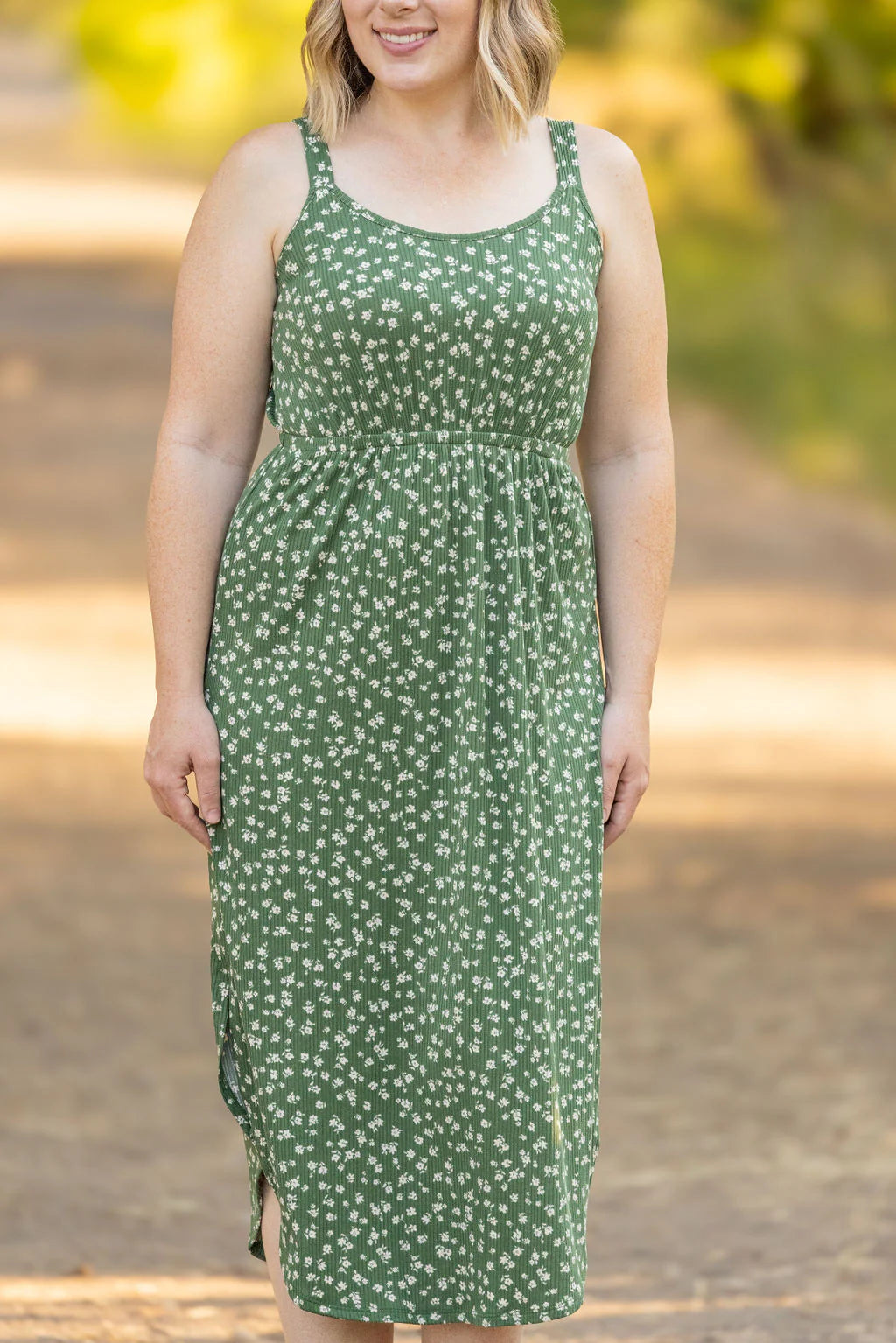 Reagan Ribbed Midi Dress - Olive Floral