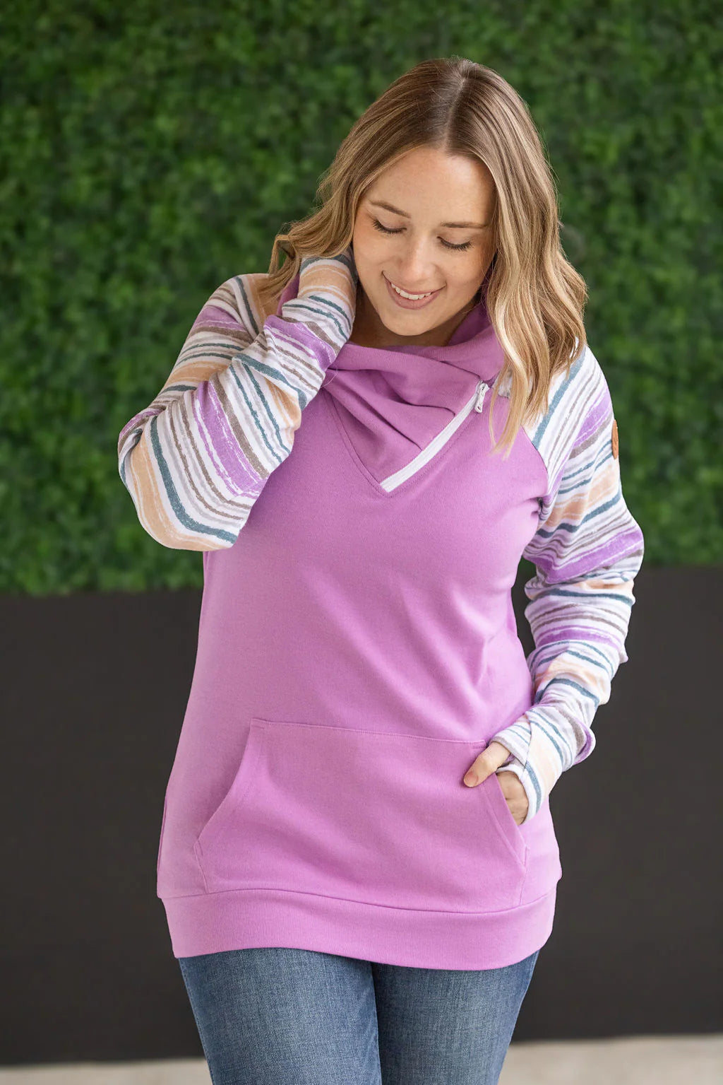 Zoey ZipCowl Sweatshirt - Mauve and Stripes