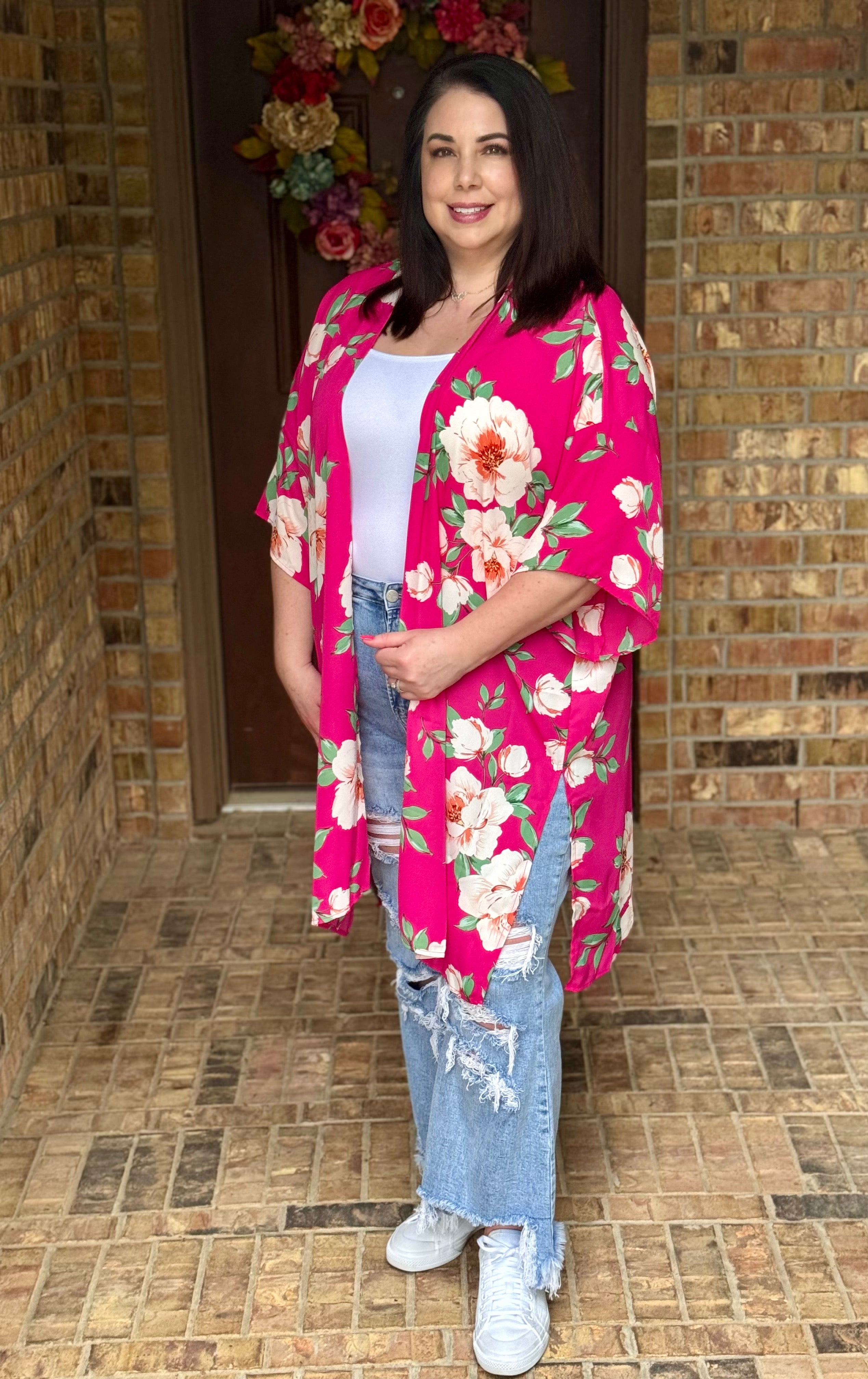 Malory Fuchsia Floral Kimono in Plus