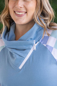 Zoey ZipCowl Sweatshirt - Blue and Mint Checker MM EXCLUSIVE