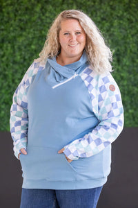 Zoey ZipCowl Sweatshirt - Blue and Mint Checker MM EXCLUSIVE