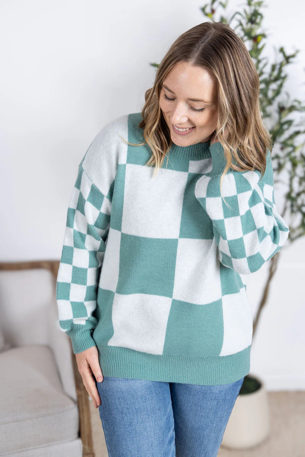 Checkered Pullover Sweater - Dusty Jade