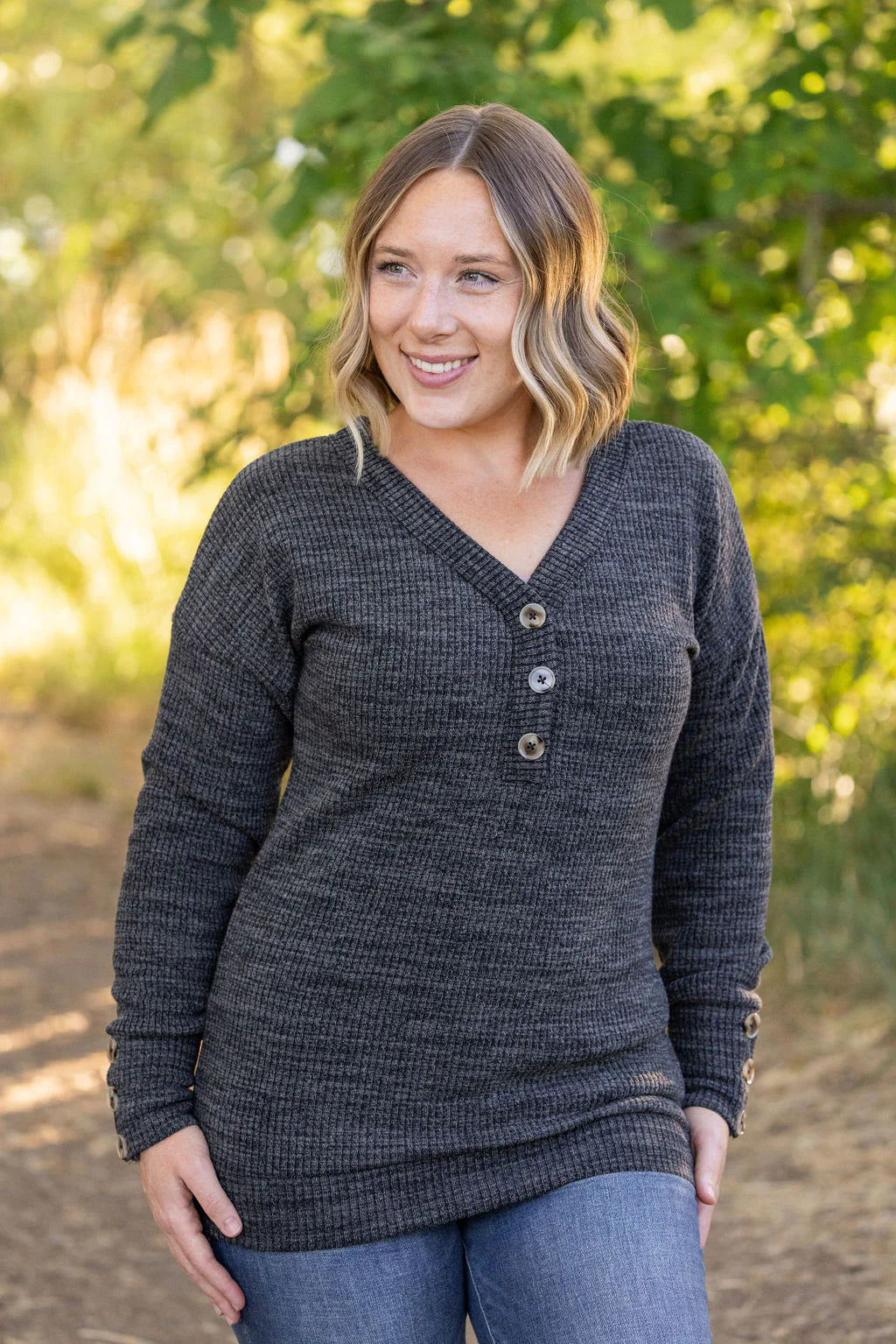 Brittney Button Sweater in Charcoal