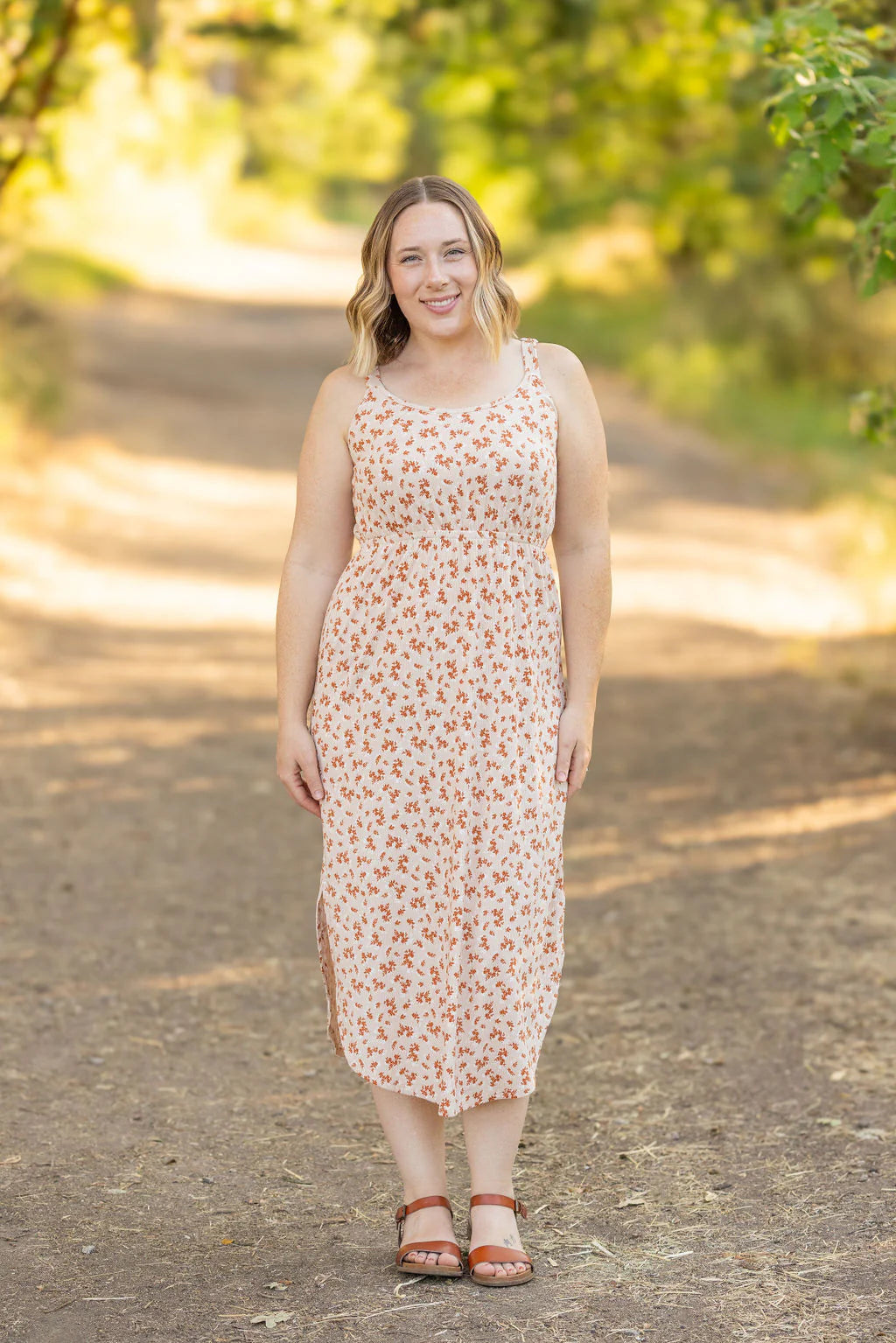 Reagan Ribbed Midi Dress - Sand and Rust Floral