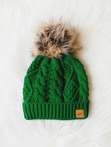 Green Cable Knit Pom Beanie