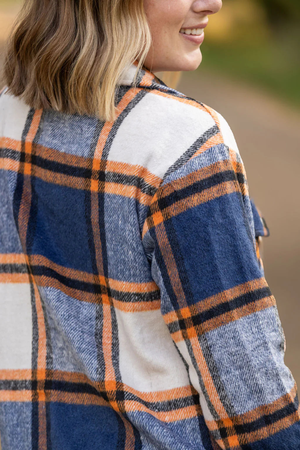 Norah Plaid Shacket - Navy and Orange