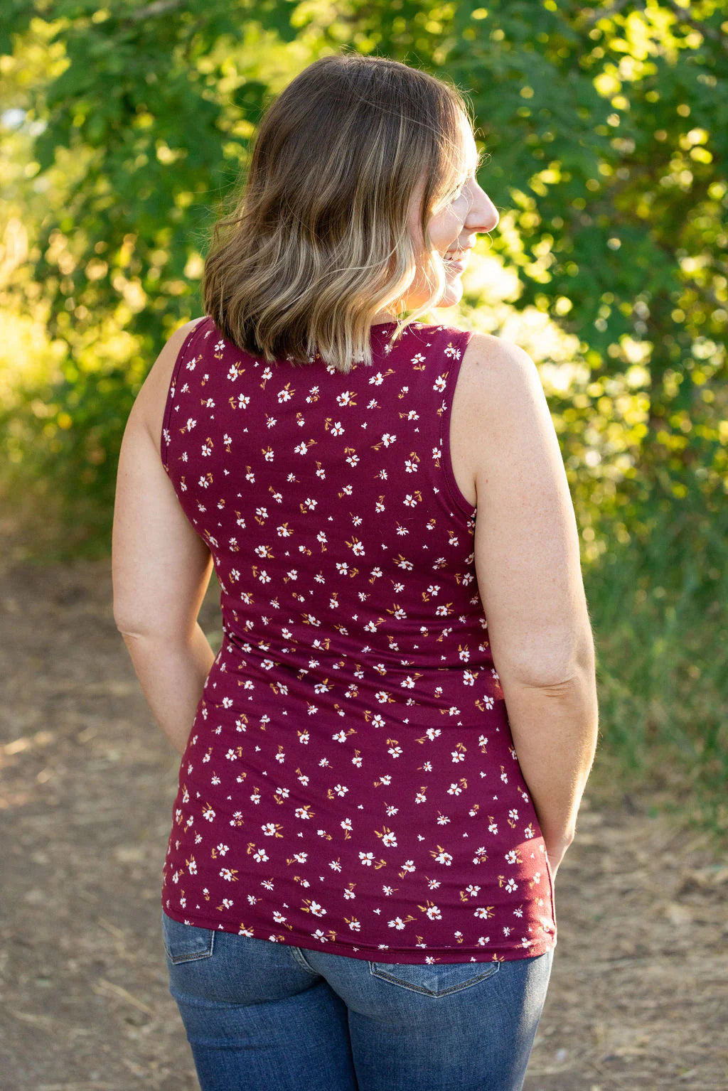 Luxe Crew Tank - Micro Burgundy Floral