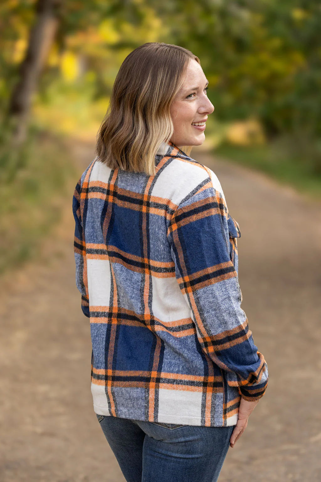 Norah Plaid Shacket - Navy and Orange