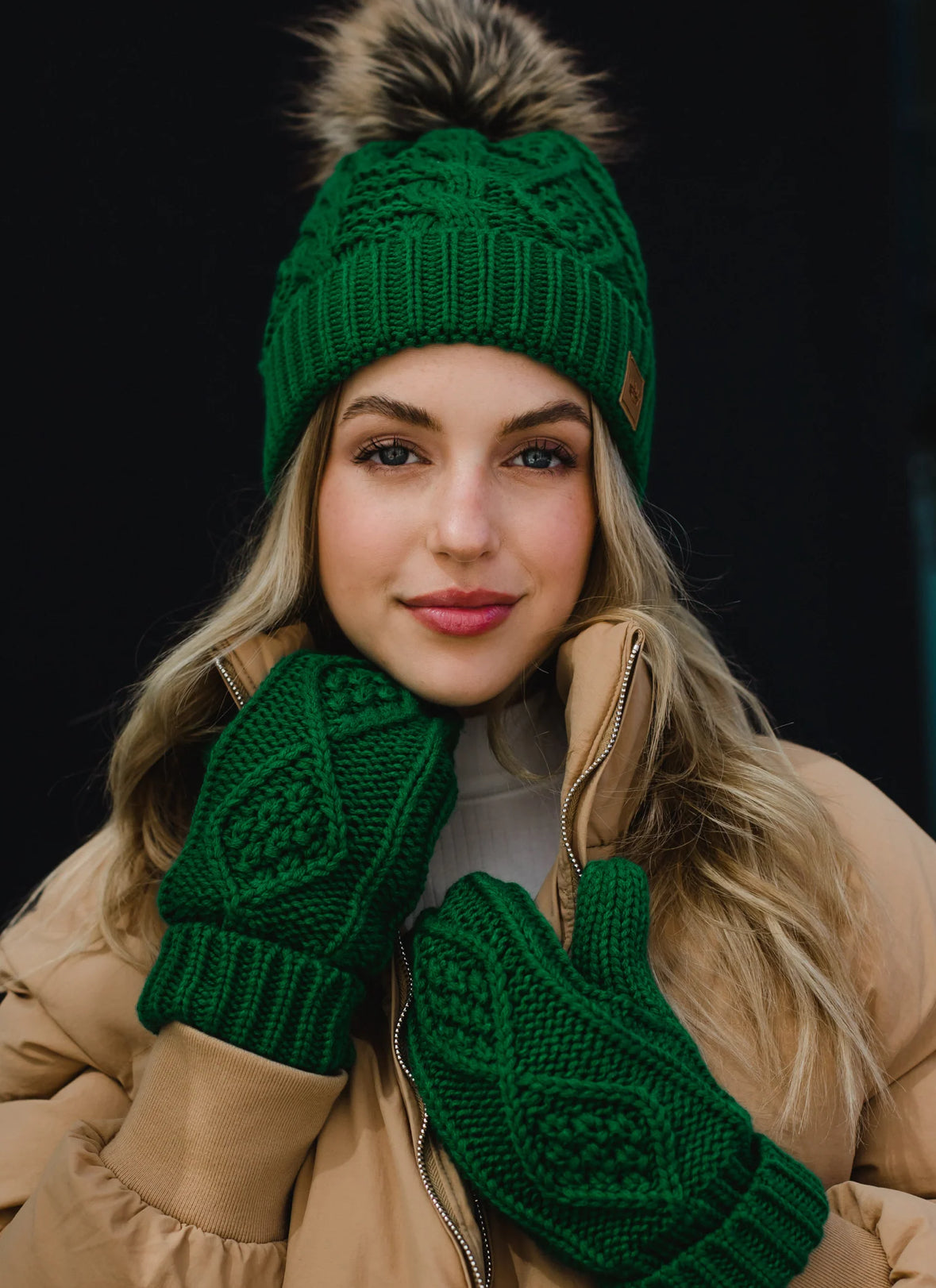 Green Cable Knit Pom Beanie