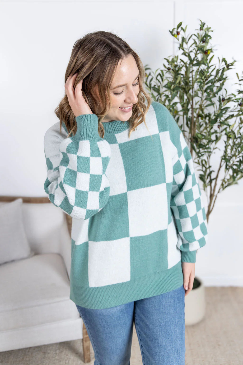 Checkered Pullover Sweater - Dusty Jade