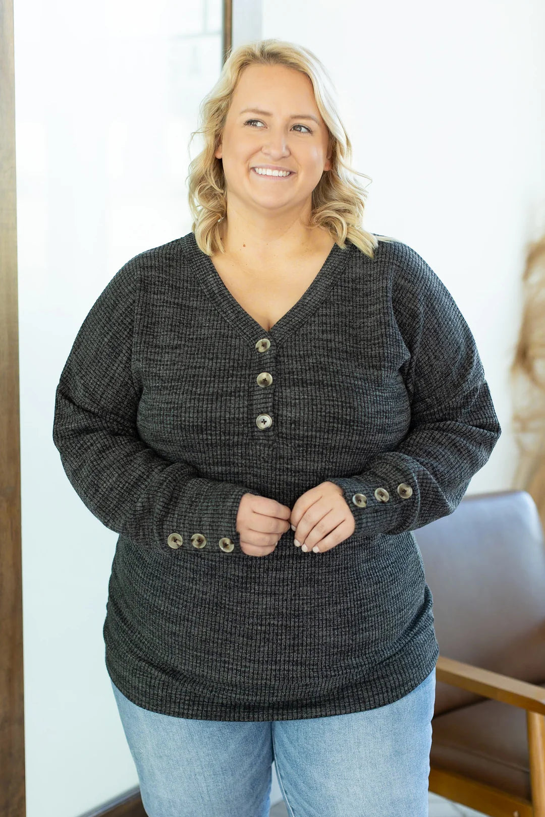 Brittney Button Sweater in Charcoal