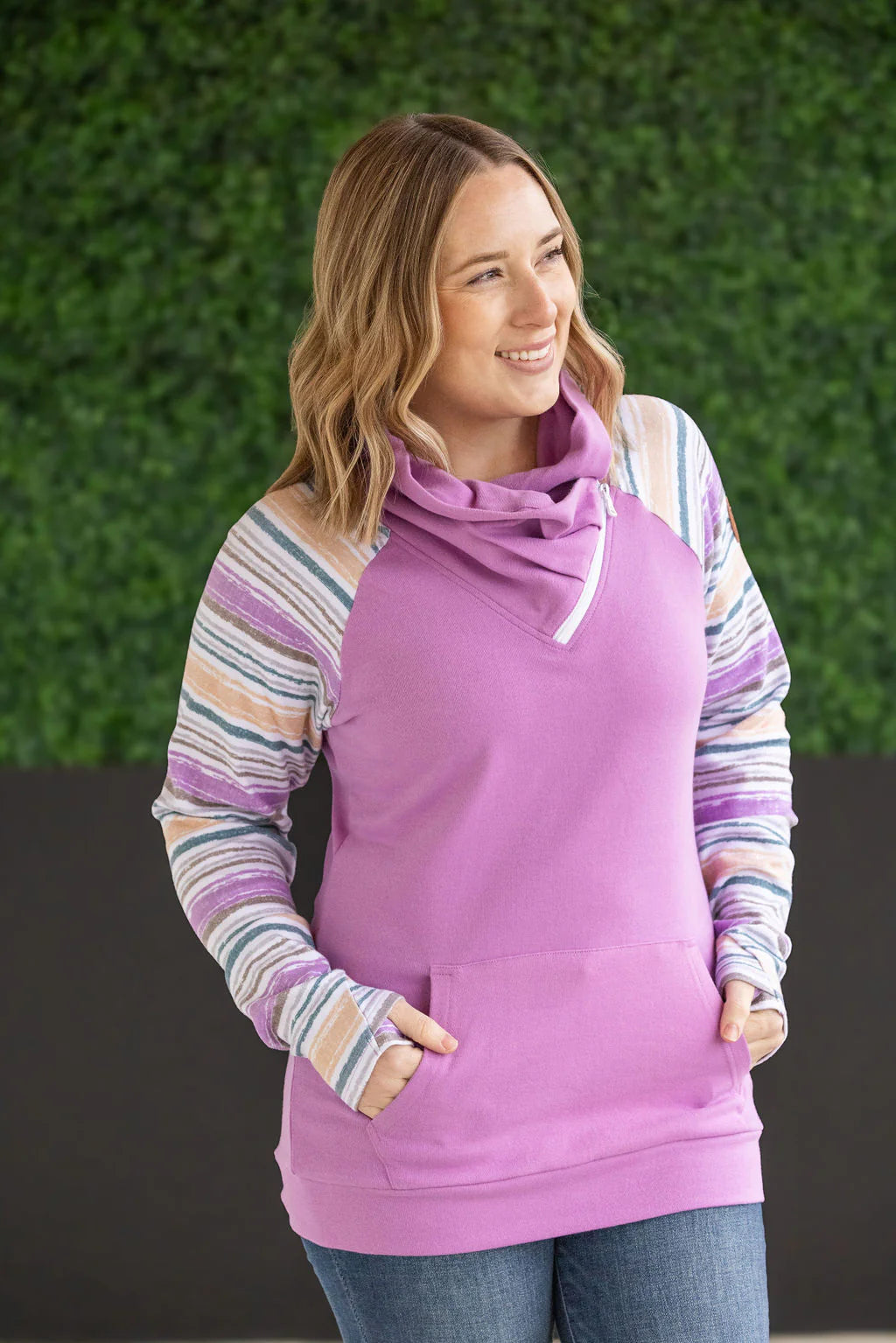 Zoey ZipCowl Sweatshirt - Mauve and Stripes