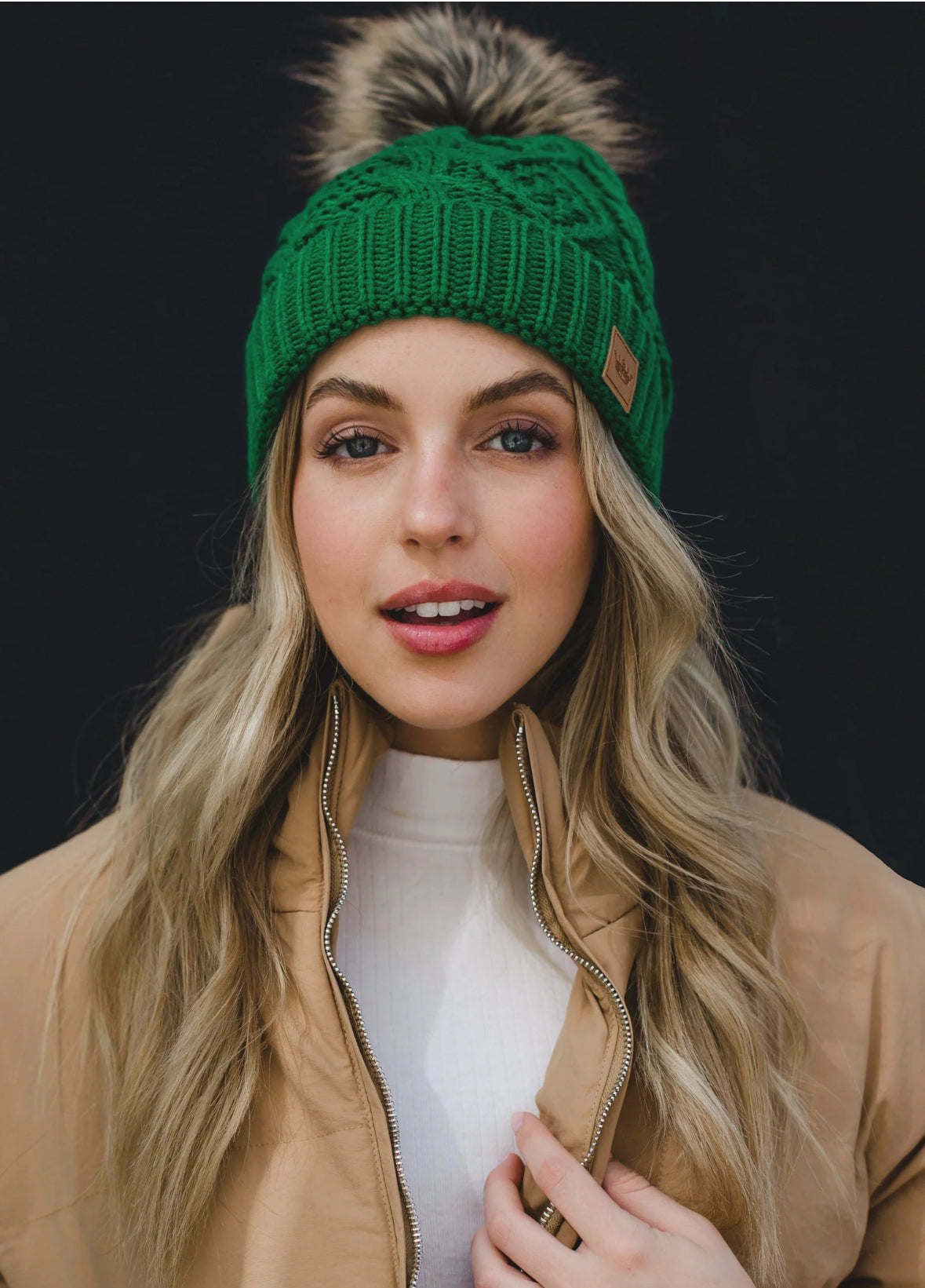 Green Cable Knit Pom Beanie