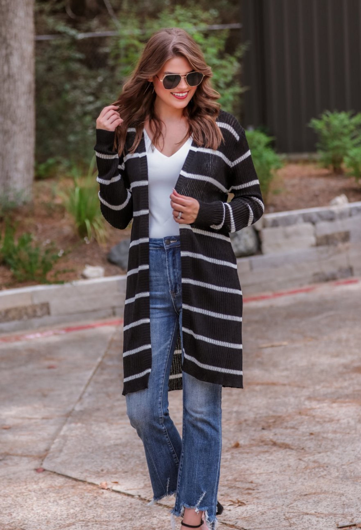 Amber Lightweight Striped Cardigan in Black