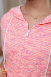 Short Sleeve ZipUp Hoodie - Coral - FINAL SALE