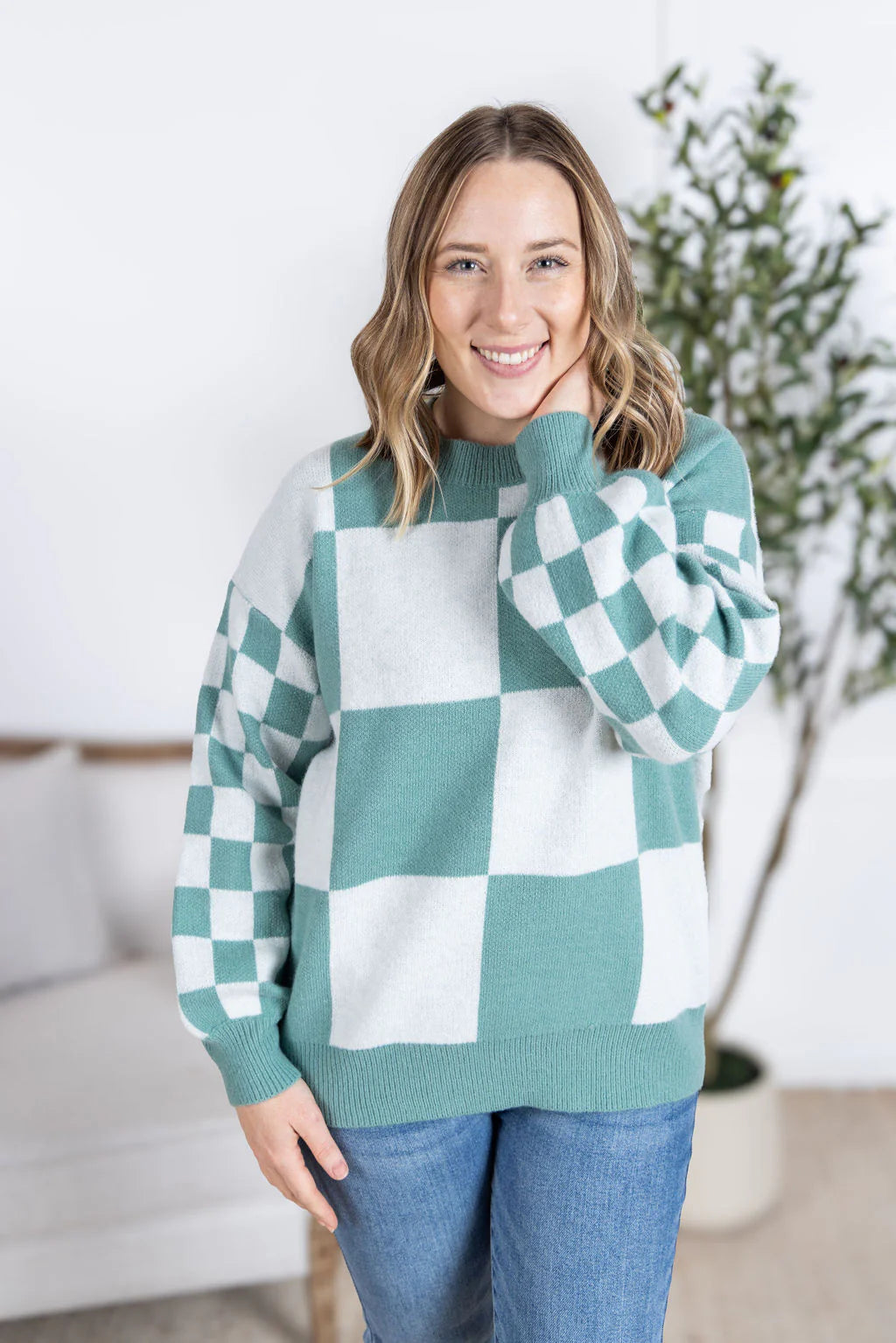 Checkered Pullover Sweater - Dusty Jade