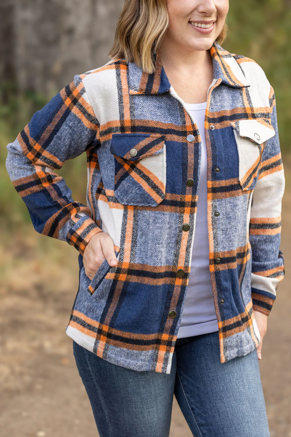 Norah Plaid Shacket - Navy and Orange