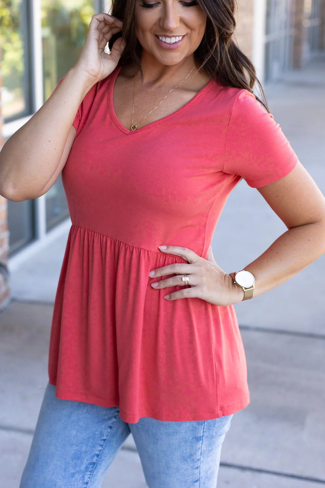 Sarah Ruffle Short Sleeve - Deep Coral