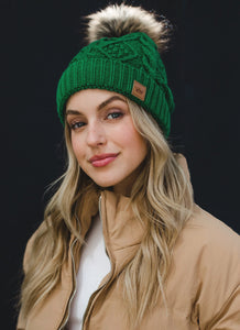 Green Cable Knit Pom Beanie