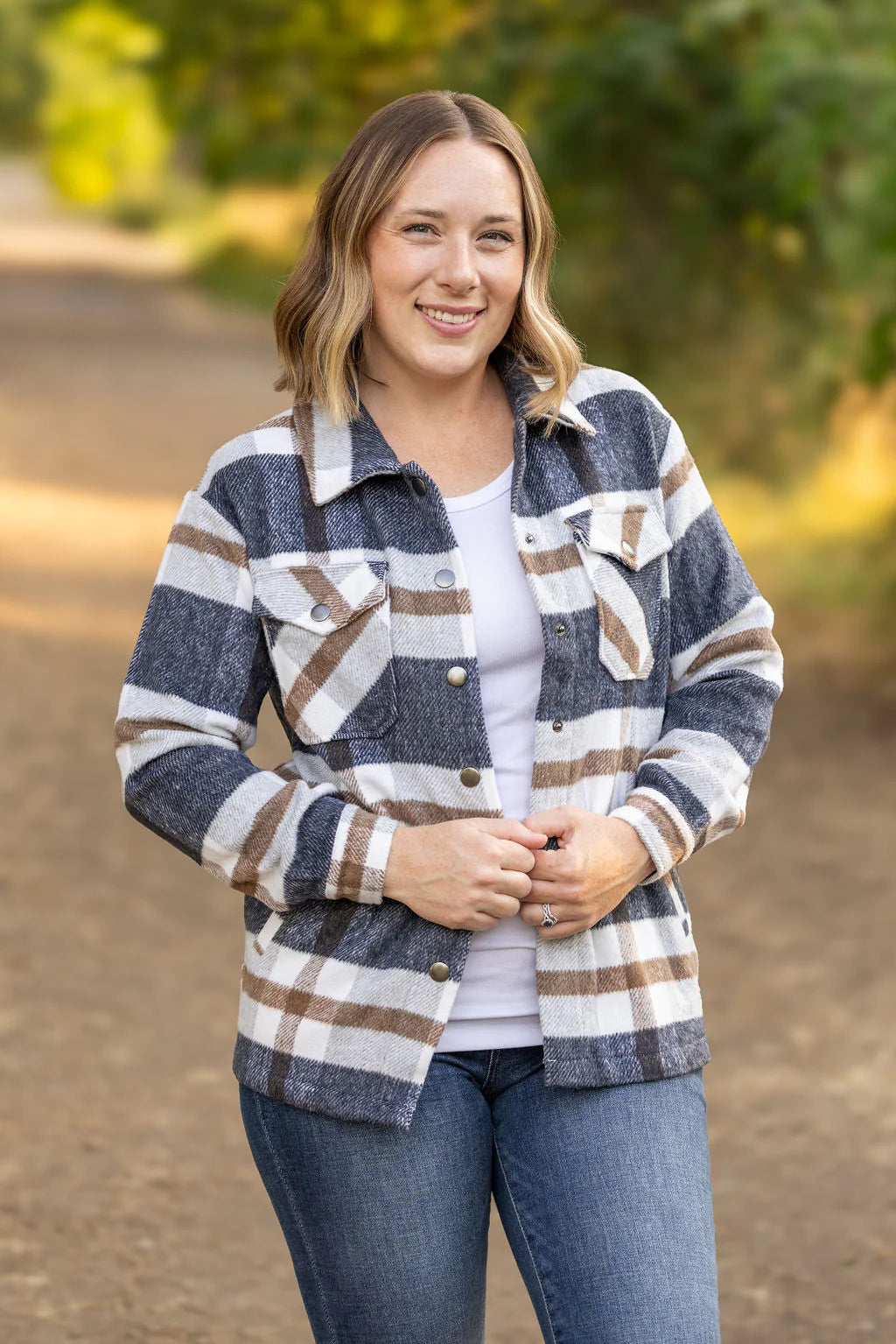 Norah Plaid Shacket - Navy and Tan