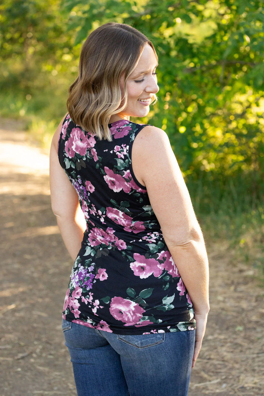 Luxe Crew Tank - Black and Mauve Floral