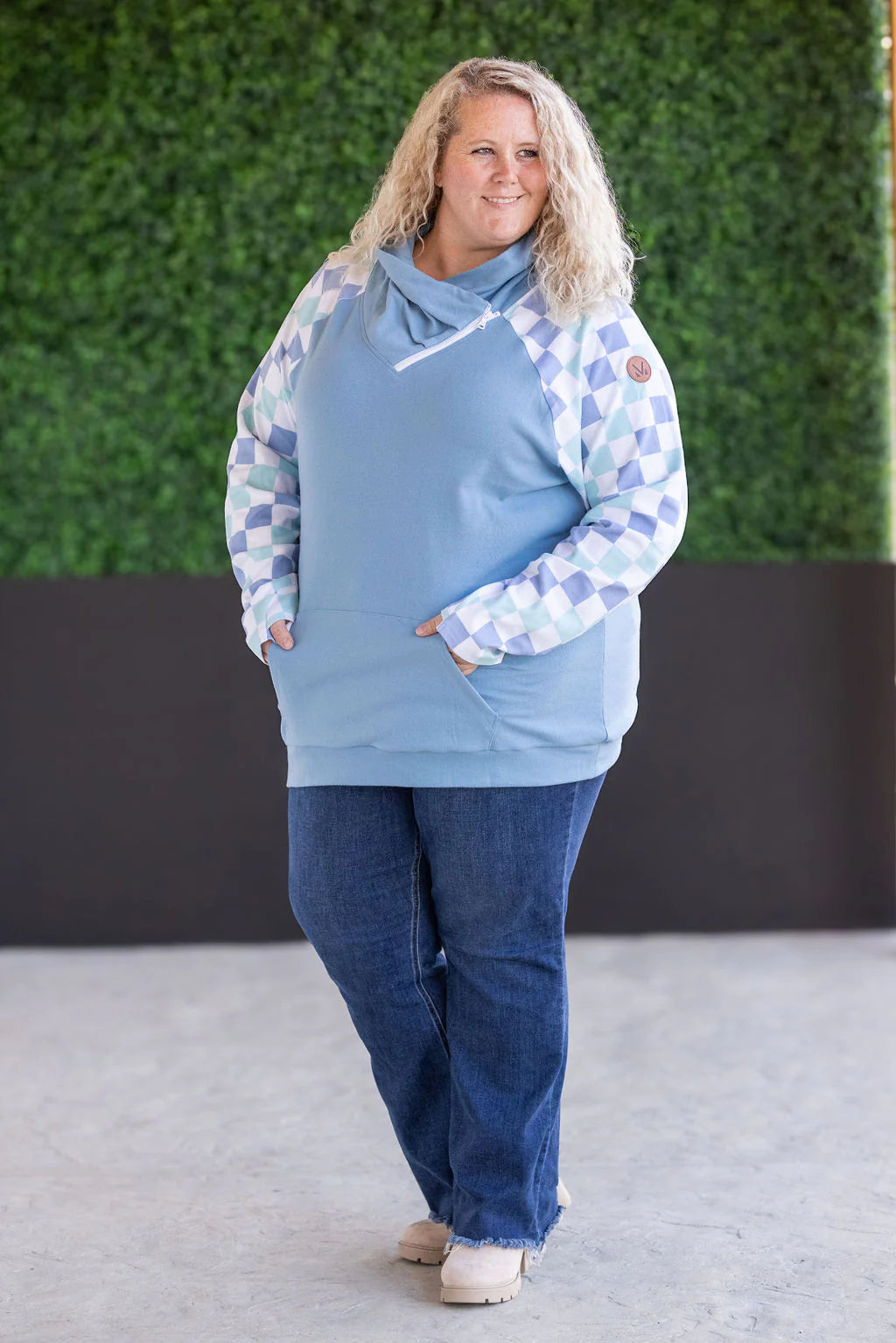 Zoey ZipCowl Sweatshirt - Blue and Mint Checker MM EXCLUSIVE