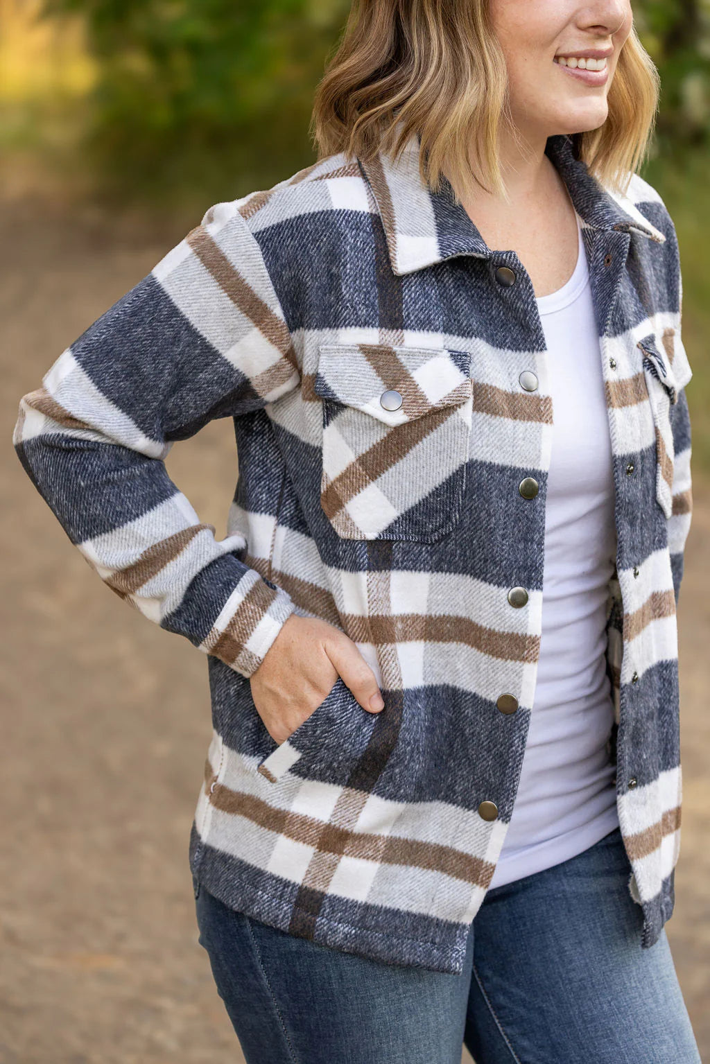 Norah Plaid Shacket - Navy and Tan