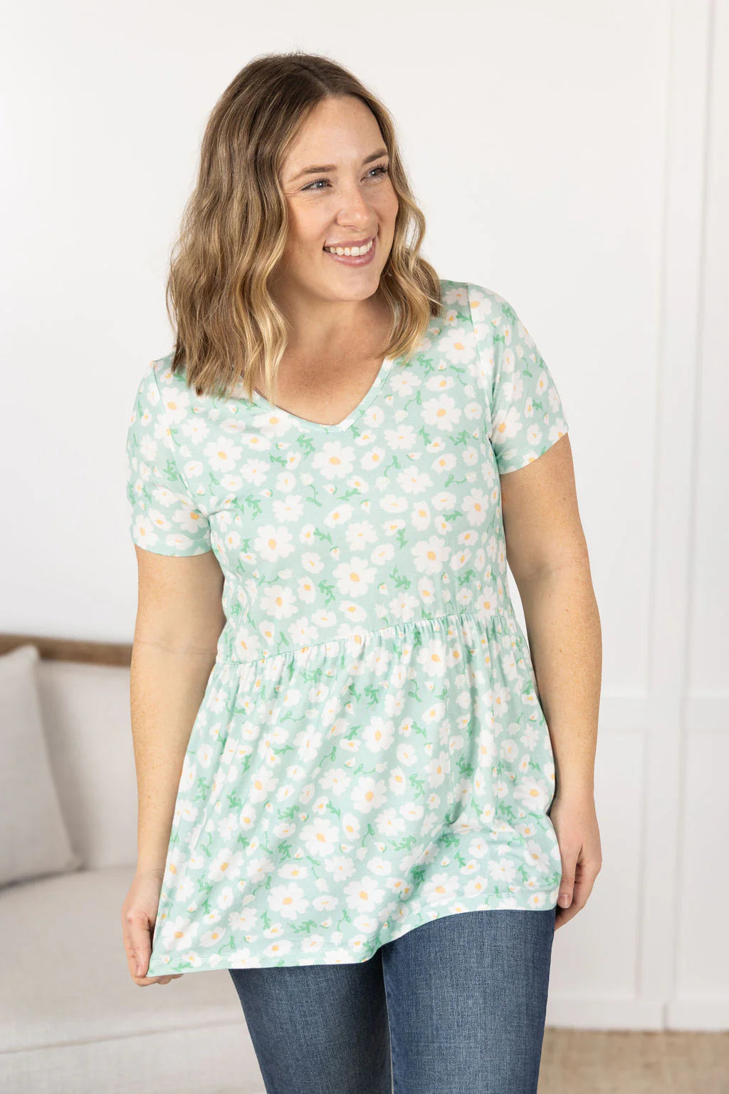 Sarah Ruffle Short Sleeve - Green Floral