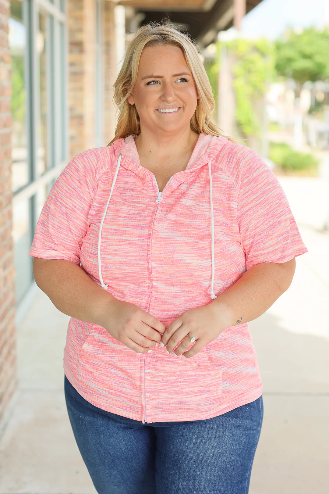 Short Sleeve ZipUp Hoodie - Coral - FINAL SALE