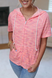 Short Sleeve ZipUp Hoodie - Coral - FINAL SALE