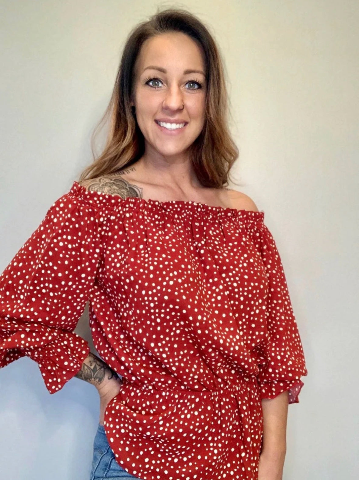 Off The Shoulder Red Polka Dot