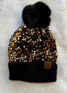 Sequin Fur Pom Beanie