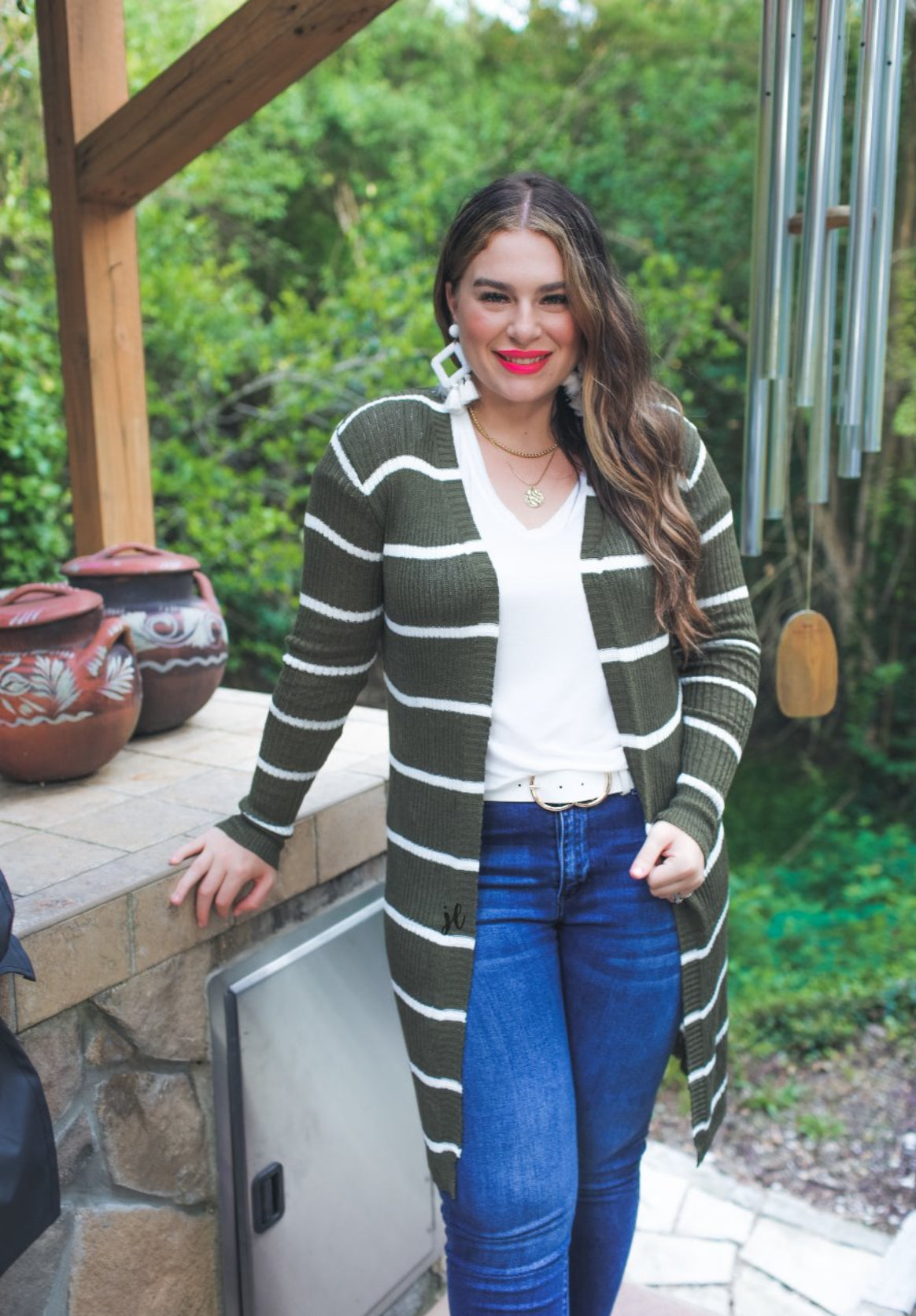 Amber Lightweight Striped Cardigan in Olive