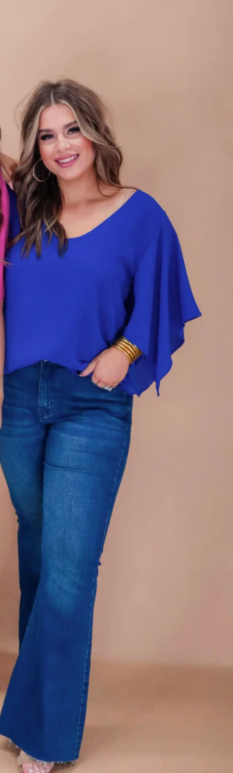 Stephanie Flutter Sleeve Top in Blue