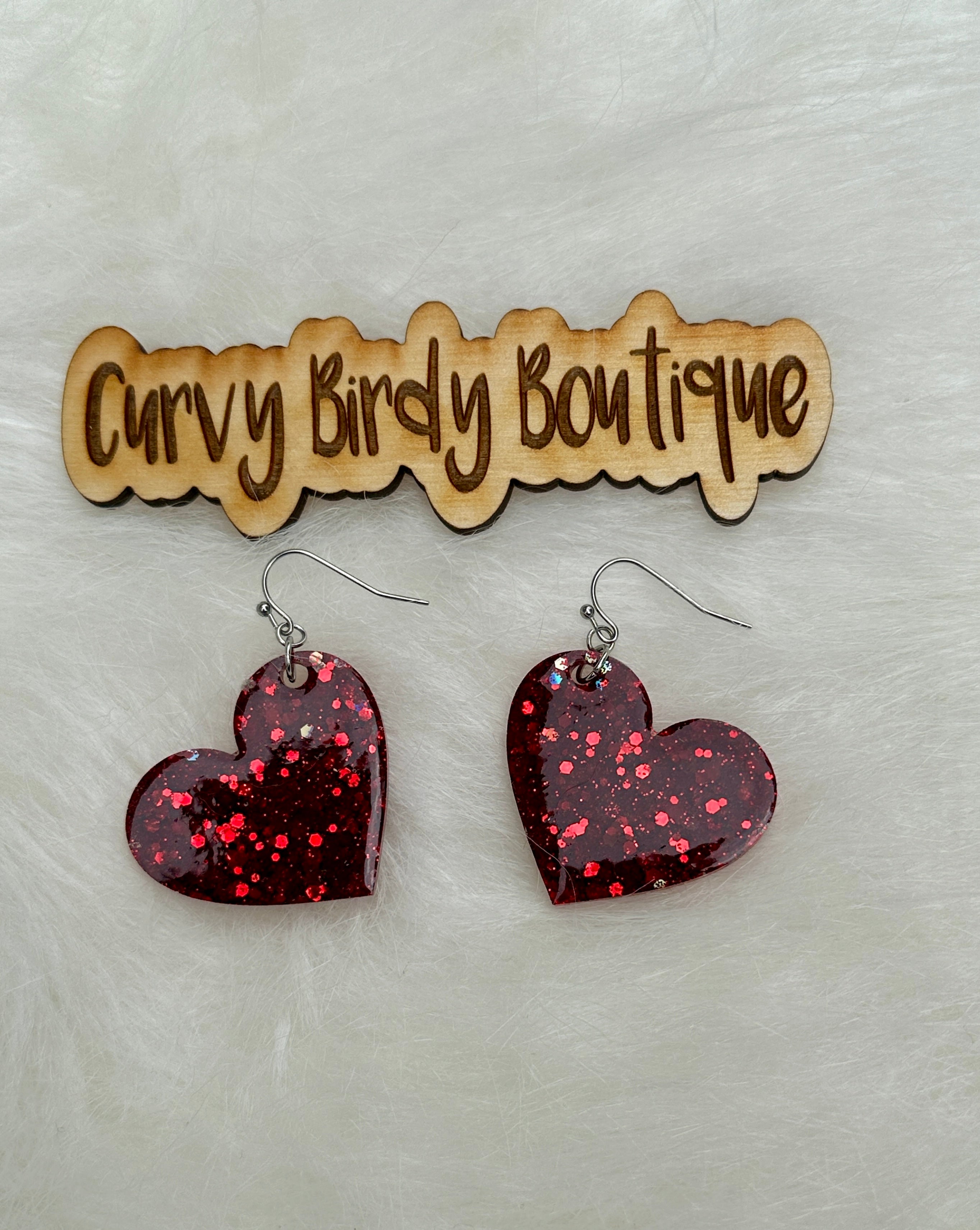 Red Glitter Heart Dangle Earrings - Hypoallergenic