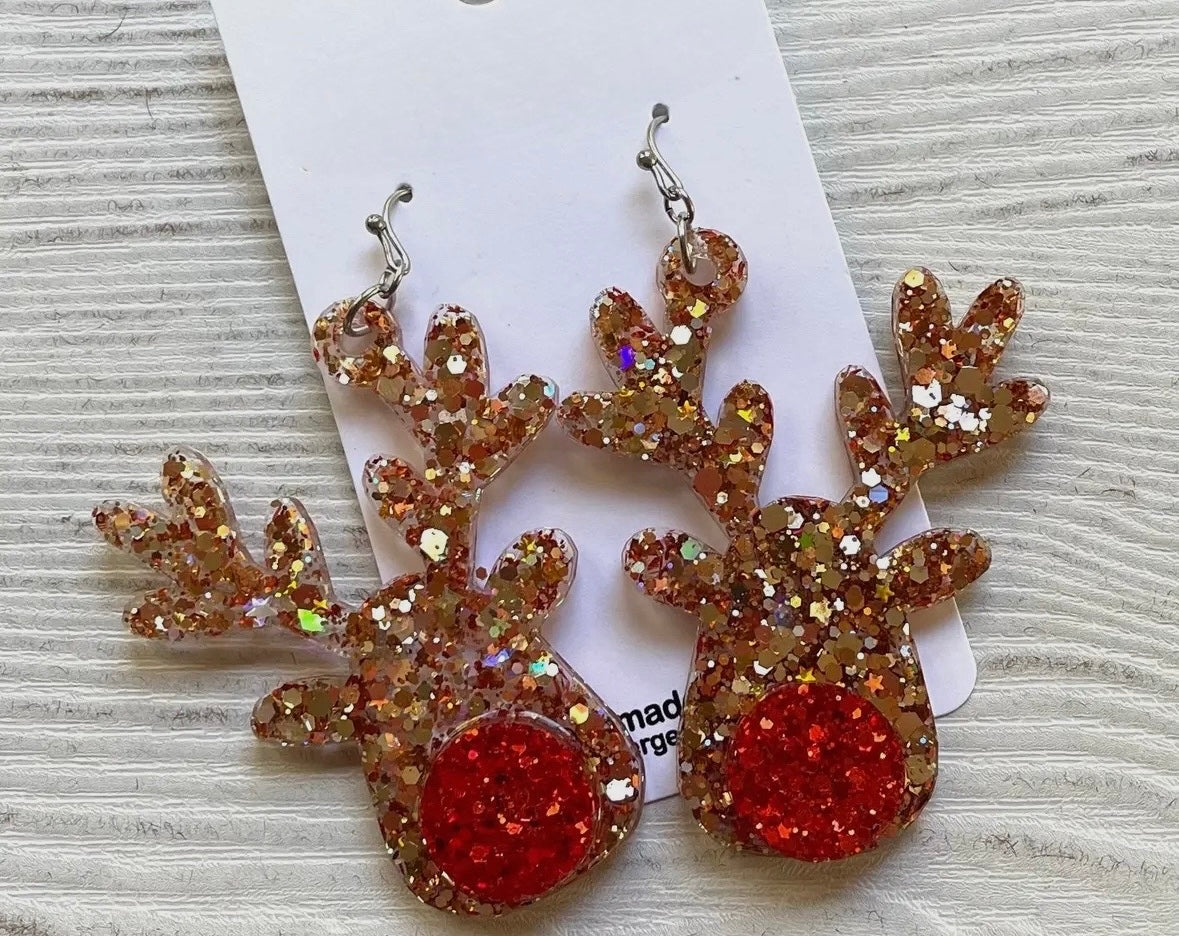 Christmas Reindeer Glitter Earrings - Hypoallergenic