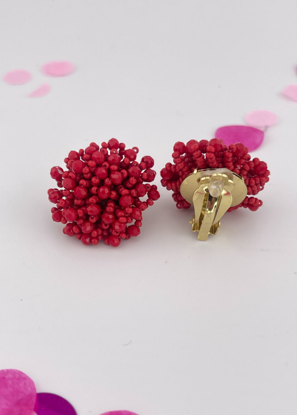 Clip On Pom Earrings in Red