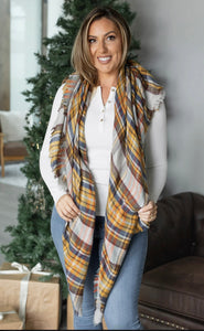 Plaid Blanket Scarf - Blue and Gold