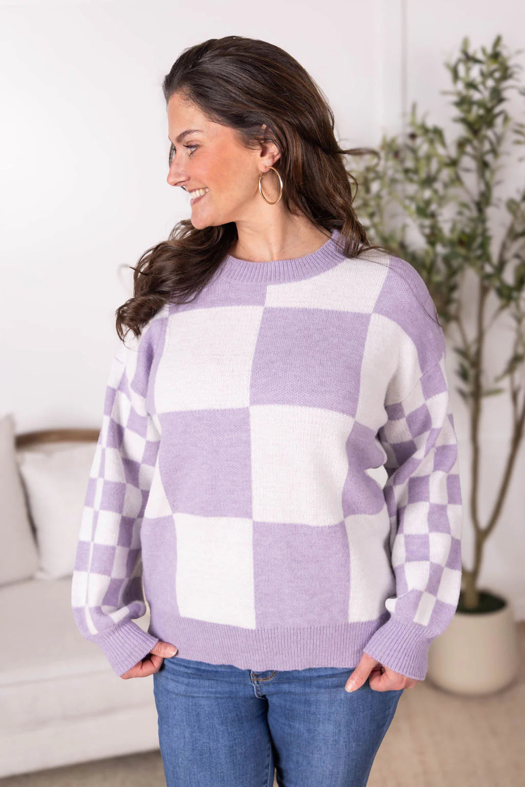 Checkered Pullover Sweater - Lavender