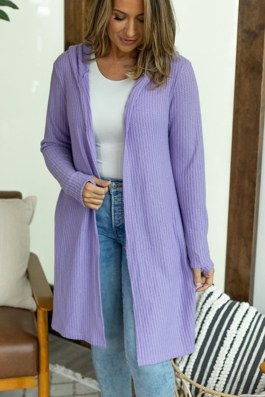 Claire Hooded Waffle Cardigan - Purple