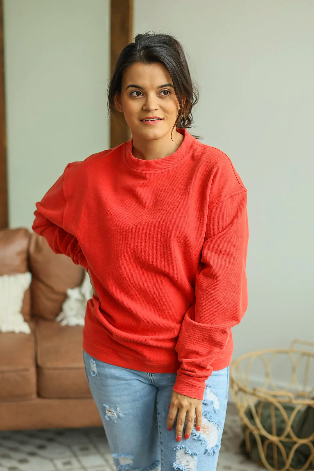 Vintage Wash Corded Pullover in Red