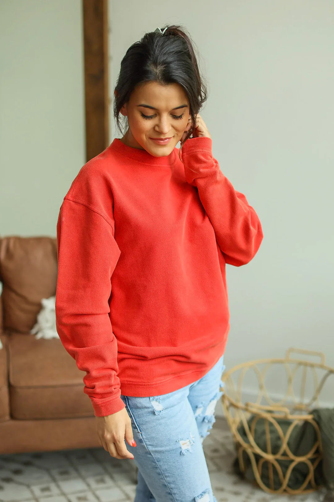 Vintage Wash Corded Pullover in Red