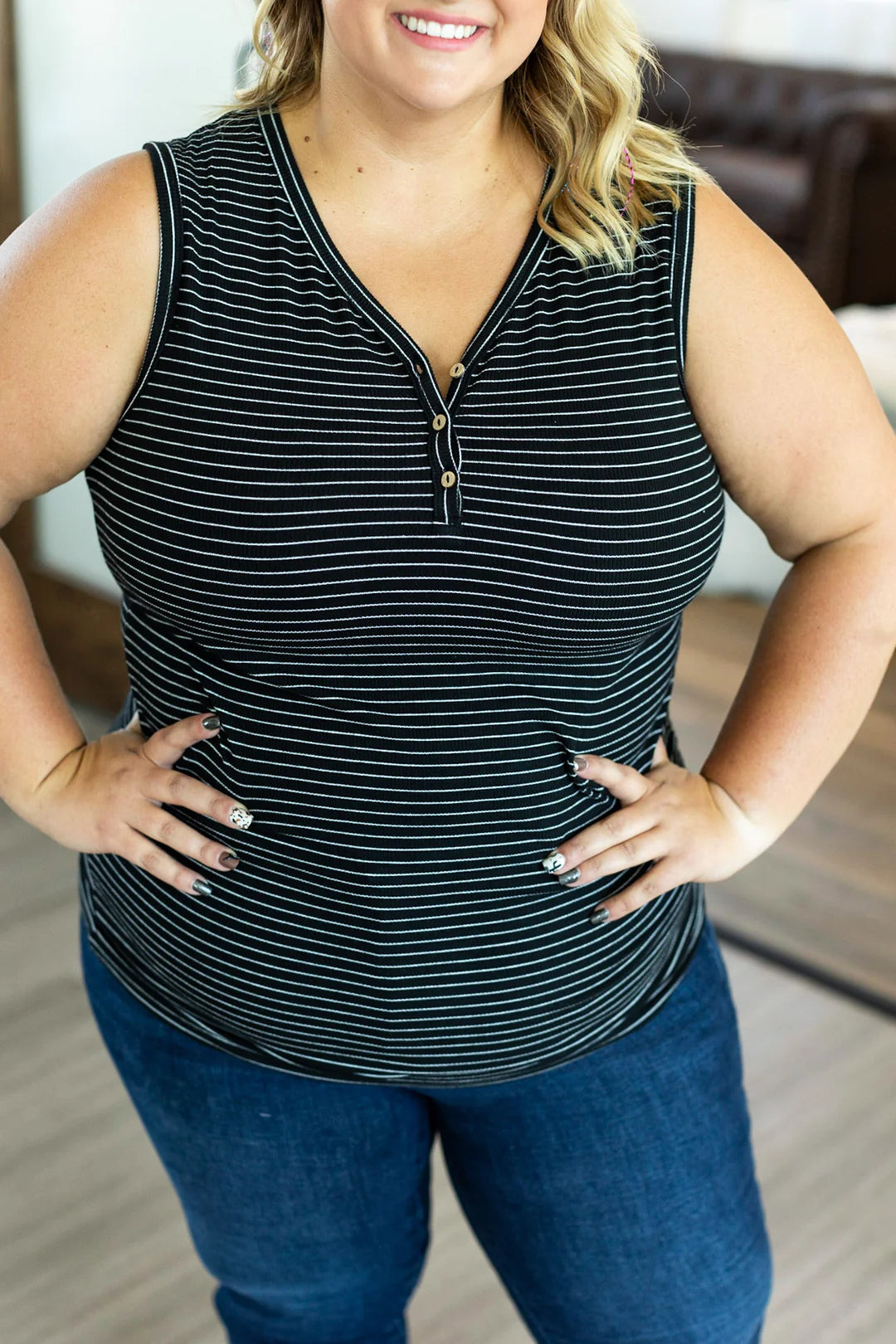 Addison Henley Tank - Black w/ White Stripes