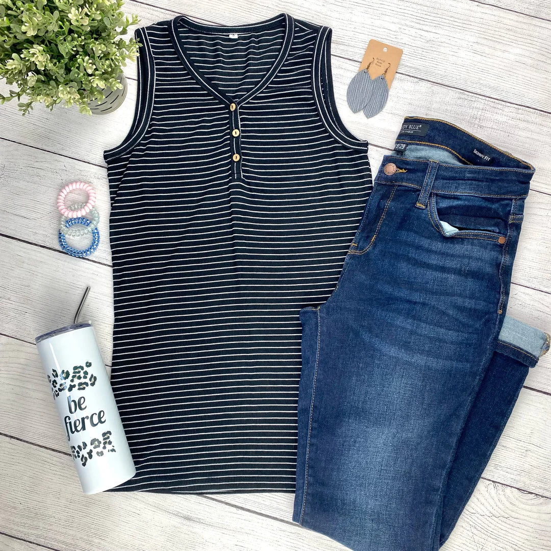 Addison Henley Tank - Black w/ White Stripes