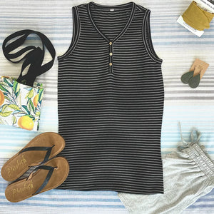 Addison Henley Tank - Black w/ White Stripes