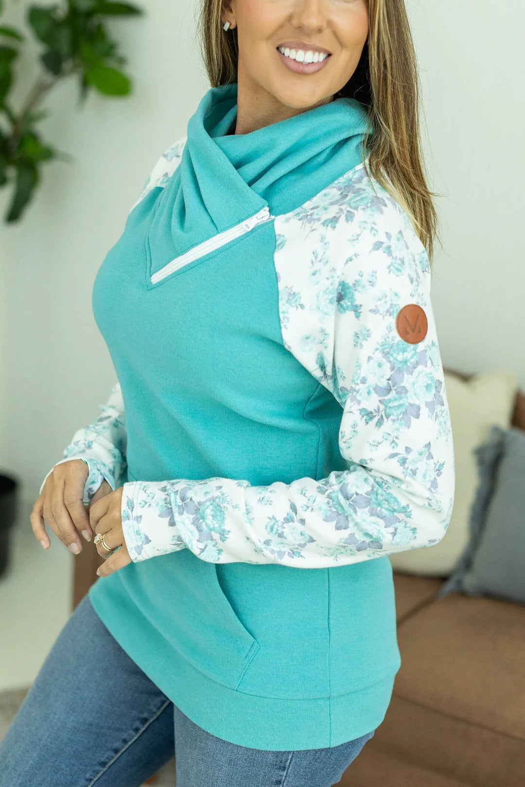 Zoey ZipCowl Sweatshirt - Aqua Floral