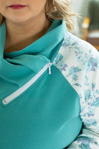 Zoey ZipCowl Sweatshirt - Aqua Floral